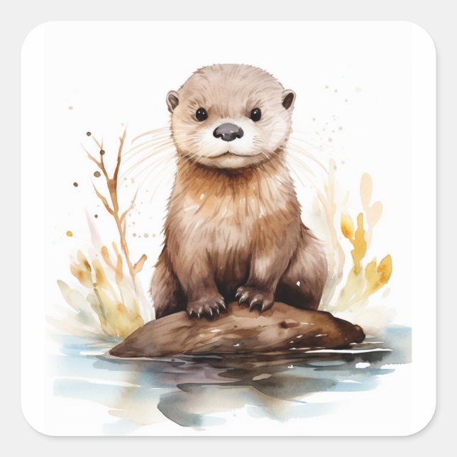 Adorable Watercolor Otter Square Sticker (Front)