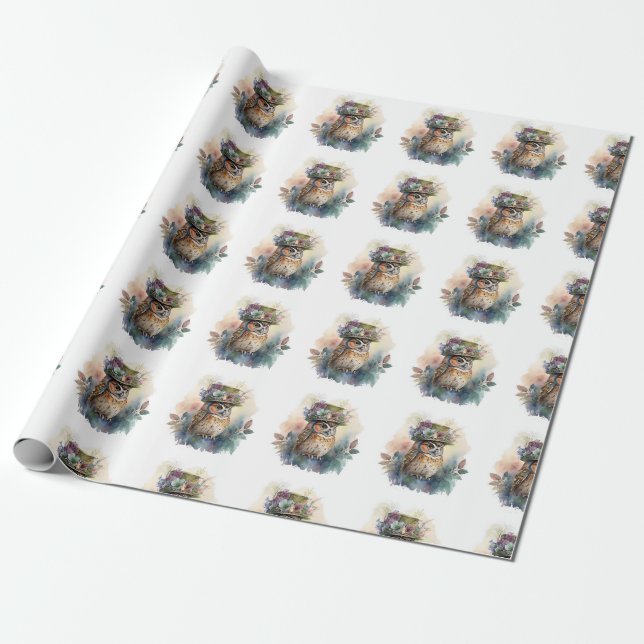 Adorable Watercolor Owl Wrapping Paper (Unrolled)
