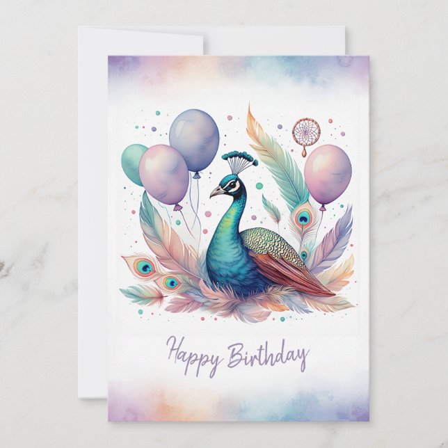 Adorable Watercolor Peacock Happy Birthday Holiday Card (Front)