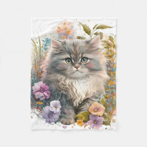 Adorable Watercolor Persian Kitten Print Fleece Blanket
