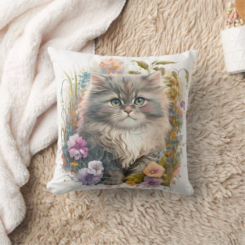 Adorable Watercolor Persian Kittens Print Throw Pillow