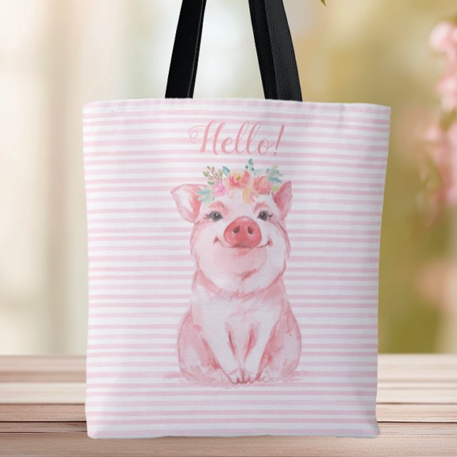Adorable Watercolor Pig Pink Stripes Tote Bag (Adorable Pig Tote Bag)