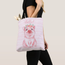 Adorable Watercolor Pig Pink Stripes Tote Bag