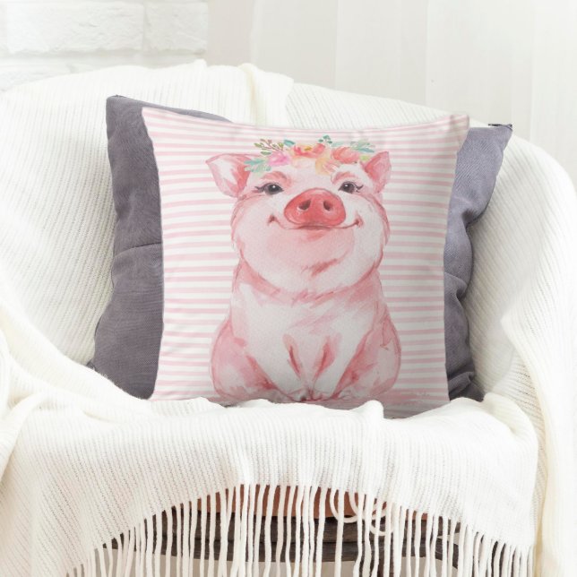 Adorable Watercolor Pig Throw Pillow (A throw pillow decorated with an adorable watercolor pig.)
