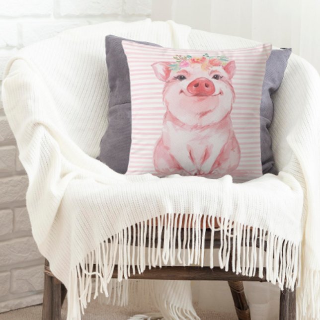 Adorable Watercolor Pig Throw Pillow (A throw pillow decorated with an adorable watercolor pig.)