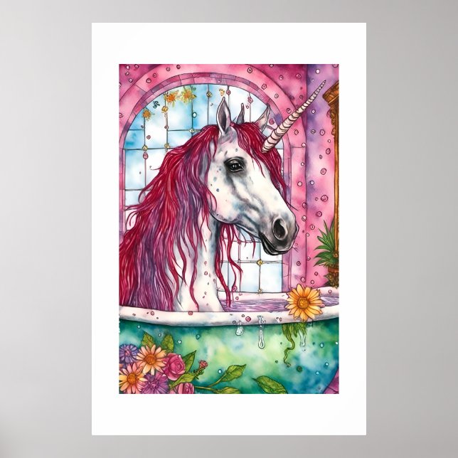 Adorable Watercolor Pink Mane Unicorn Bathtime  Poster (Front)