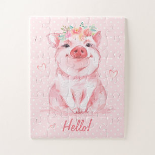 Adorable Watercolor Pink Pig Personalized Jigsaw Puzzle
