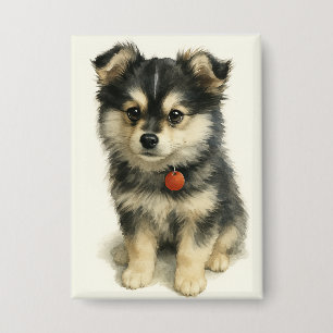 Adorable Watercolor Pomchi Puppy Portrait  Button