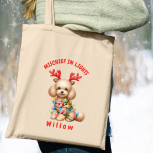 Adorable Watercolor Poodle Christmas Lights Dog Tote Bag