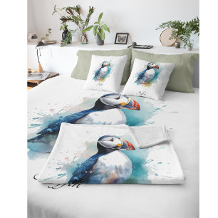 Adorable Watercolor Puffin, custom Fleece Blanket