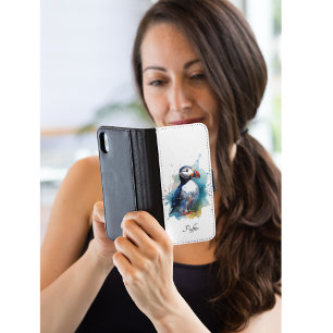 Adorable Watercolor Puffin, custom iPhone 8/7 Wallet Case