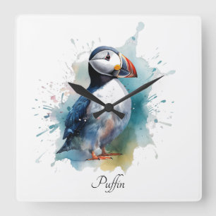 Adorable Watercolor Puffin, custom Square Wall Clock