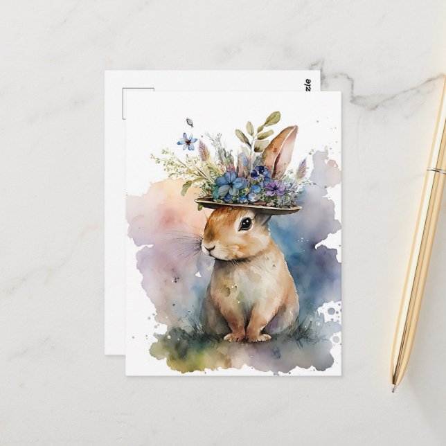 Adorable Watercolor Rabbit Postcard (Front/Back In Situ)