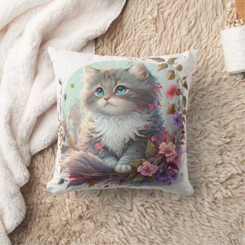 Adorable Watercolor Ragamuffin Kittens Print Throw Pillow