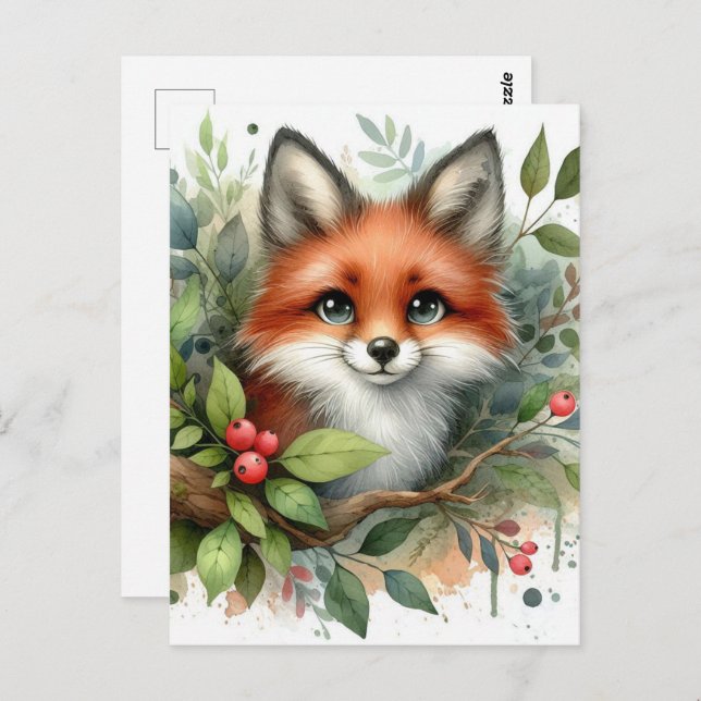 Adorable Watercolor Red Fox Postcard (Front/Back)