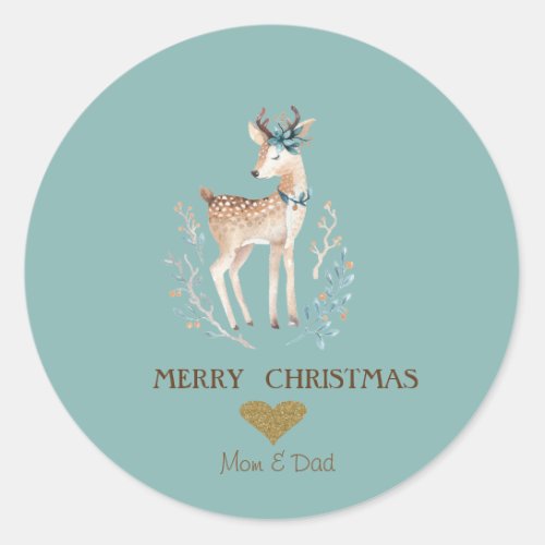 Adorable Watercolor ReindeerHeart Classic Round Sticker