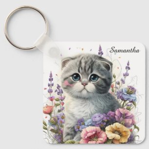 Adorable Watercolor Scottish Fold Kitten Keychain