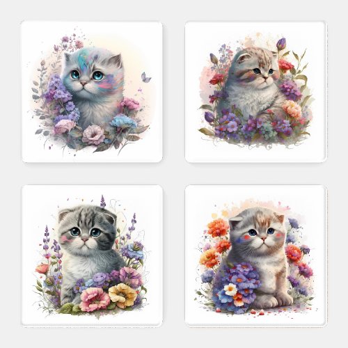 Adorable Watercolor Scottish Fold Kitten Print Coaster Set