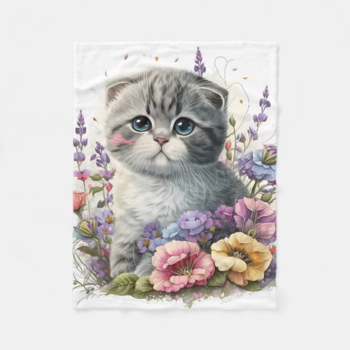 Adorable Watercolor Scottish Fold Kittens Print Fleece Blanket