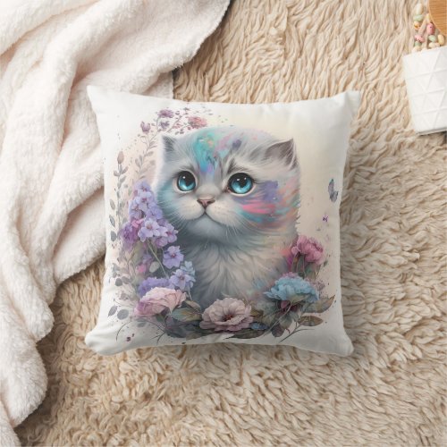 Adorable Watercolor Scottish Fold Kittens Print Throw Pillow