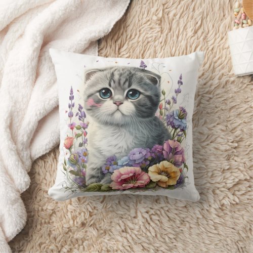 Adorable Watercolor Scottish Fold Kittens Print Throw Pillow
