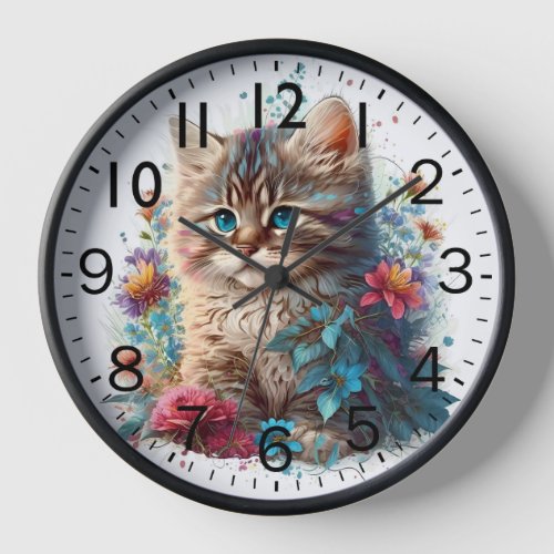 Adorable Watercolor Siberian Kitten Print Clock