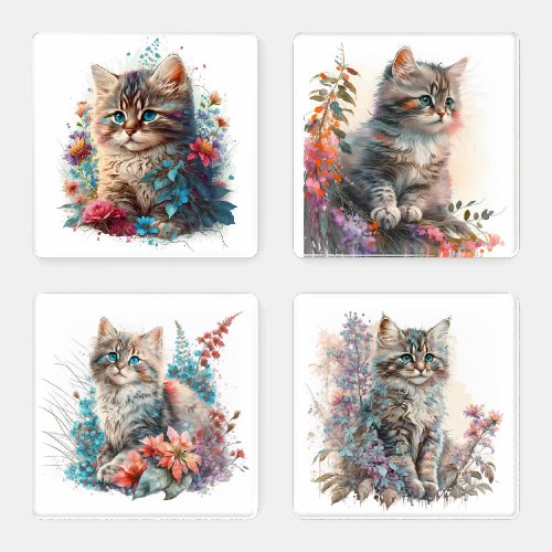 Adorable Watercolor Siberian Kitten Print Coaster Set