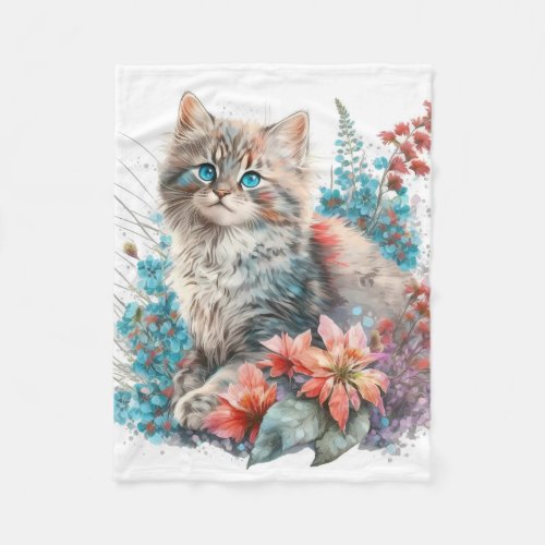 Adorable Watercolor Siberian Kittens Print Fleece Blanket