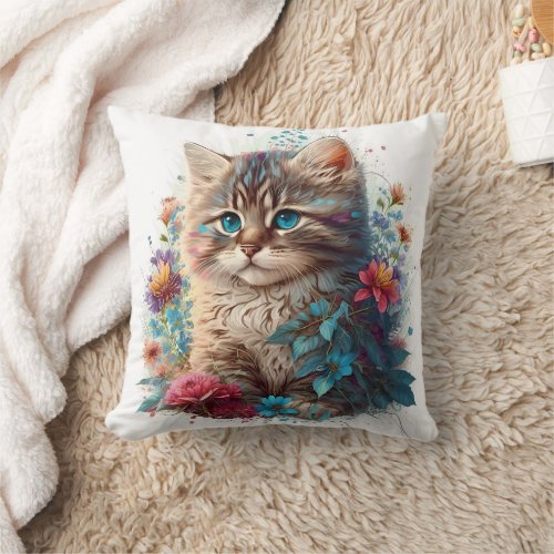 Adorable Watercolor Siberian Kittens Print Throw Pillow
