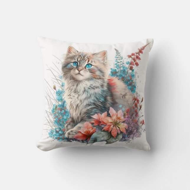 Adorable Watercolor Siberian Kittens Print Throw Pillow (Front)