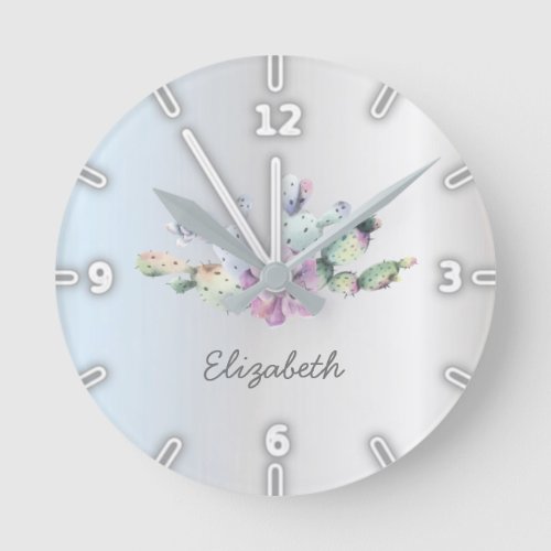 Adorable Watercolor Succulent Cactus Silver  Round Clock