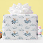 Adorable Watercolor Teddy Bear Airplane Wrapping Paper<br><div class="desc">Cute watercolor gift wrapping paper, perfect for baby showers, first birthdays, or any special occasion for a little one! The enchanting design features a charming, light brown teddy bear pilot in a classic blue airplane, gracefully flying amidst soft, fluffy clouds against a clean, white background. This adorable bear-themed wrapping paper...</div>