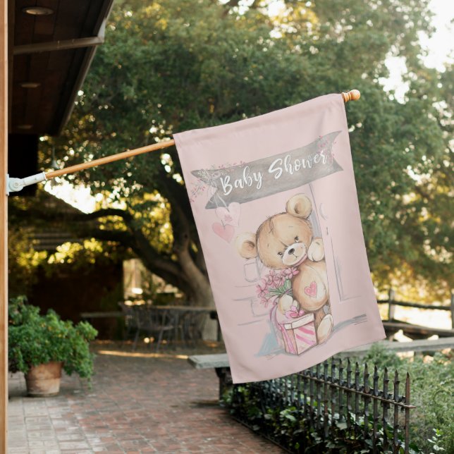 Adorable Watercolor Teddy Bear Baby Shower House Flag (In SItu)