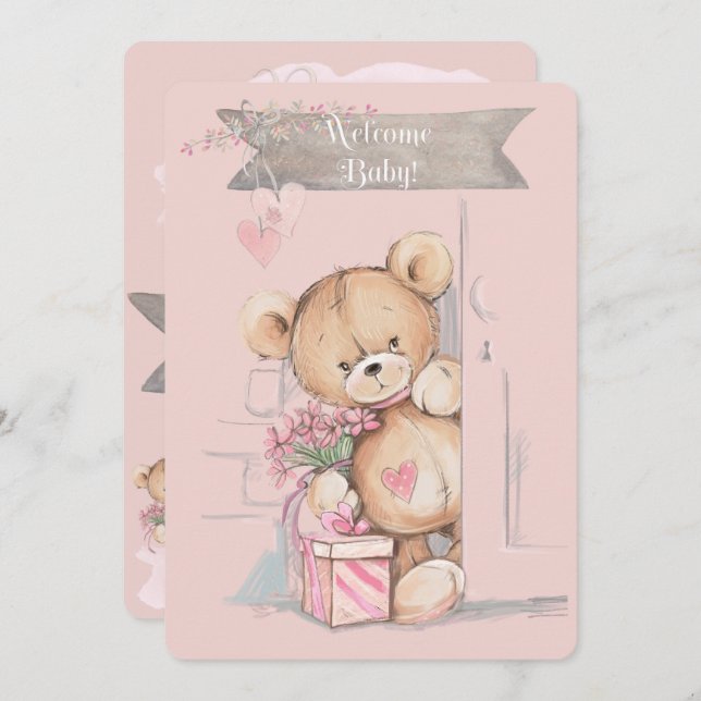 Adorable Watercolor Teddy Bear Baby Shower Invitation (Front/Back)