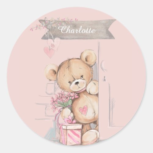 Adorable Watercolor Teddy Bear Baby Shower Square  Classic Round Sticker