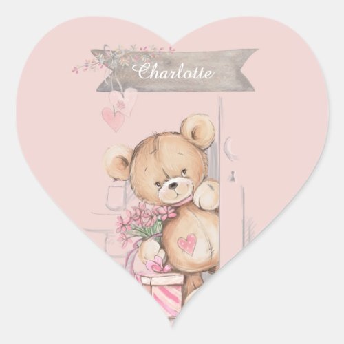 Adorable Watercolor Teddy Bear Baby Shower Square  Heart Sticker