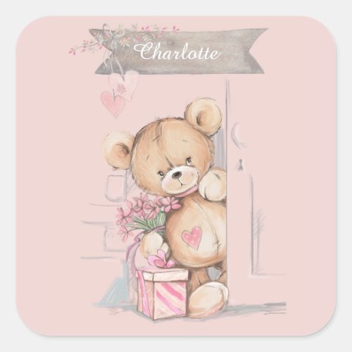 Adorable Watercolor Teddy Bear Baby Shower Square Sticker