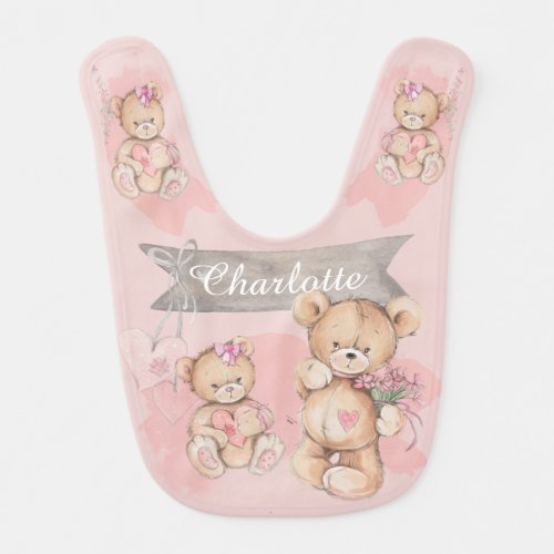 Adorable Watercolor Teddy Bear in Pink Baby Bib