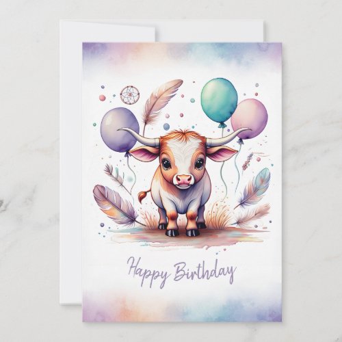 Adorable Watercolor Texas Longhorn Happy Birthday