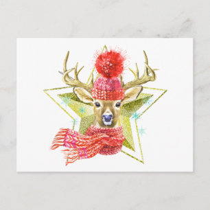 Adorable Watercolor Winter Deer Gold Star Postcard