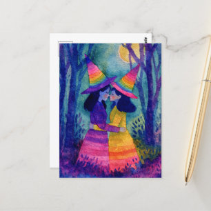 Adorable Watercolor Witches in Rainbow Witch Hats Postcard