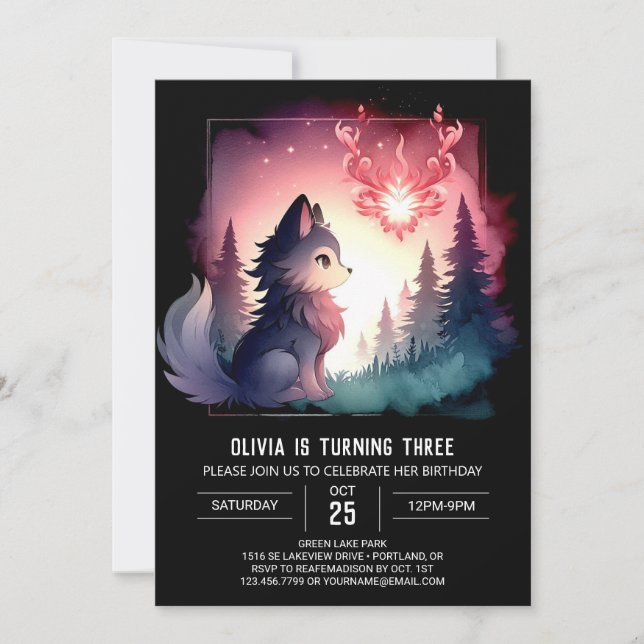 Adorable Watercolor Wolf Birthday Invitation (Front)