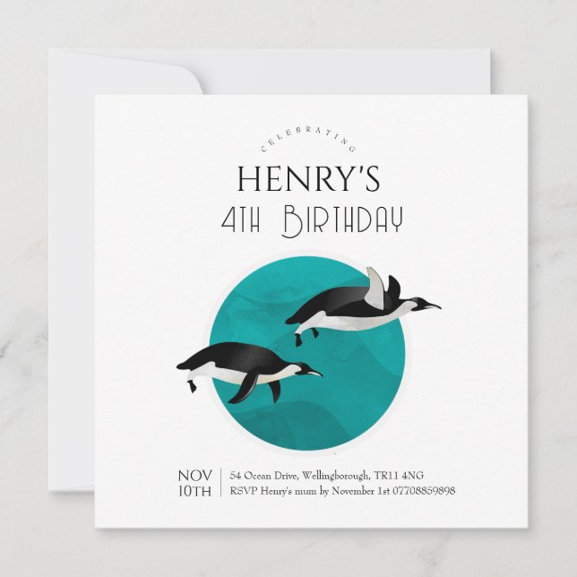 Adorable Watercolour Penguin Arctic Birthday Invitation (Front)