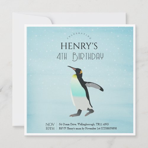 Adorable Watercolour Penguin Arctic Birthday Invitation