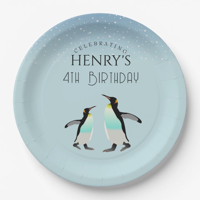 Adorable Watercolour Penguin Arctic Birthday Paper Plates (Front)