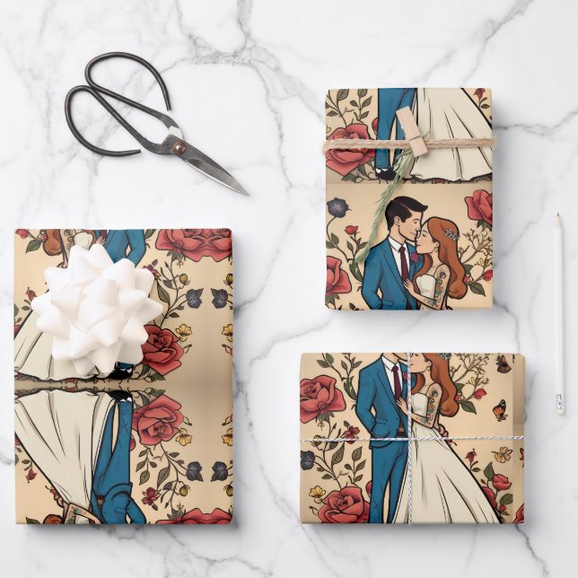 Adorable wedding couple in love wrapping paper sheets (Front)