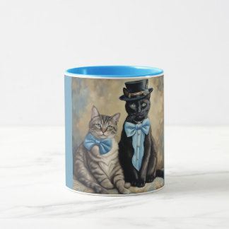 Adorable well dressed grey tabby and black cats mug
