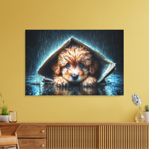 Adorable wet puppy under newspaper shelter canvas print