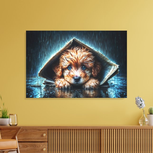 Adorable wet puppy under newspaper shelter  canvas print (Insitu(LivingRoom))