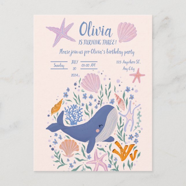Adorable whale and sea life invitation postcard (Front)